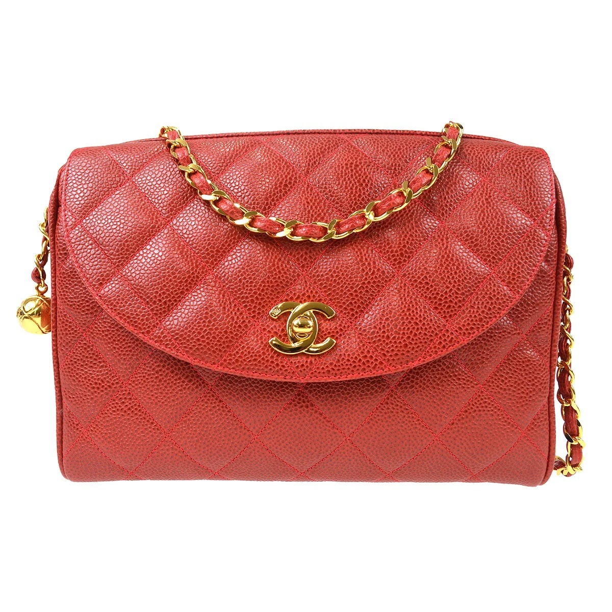 Chanel Quilted Chain Crossbody Shoulder Bag Red Caviar Skin 3171276 67830