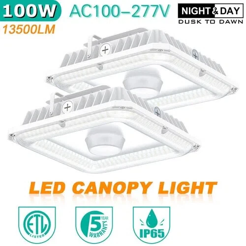 2 PACK 100W LED Gas Station Canopy Light Fixture Dusk-to-Dawn  4.5K/5000K/5700K