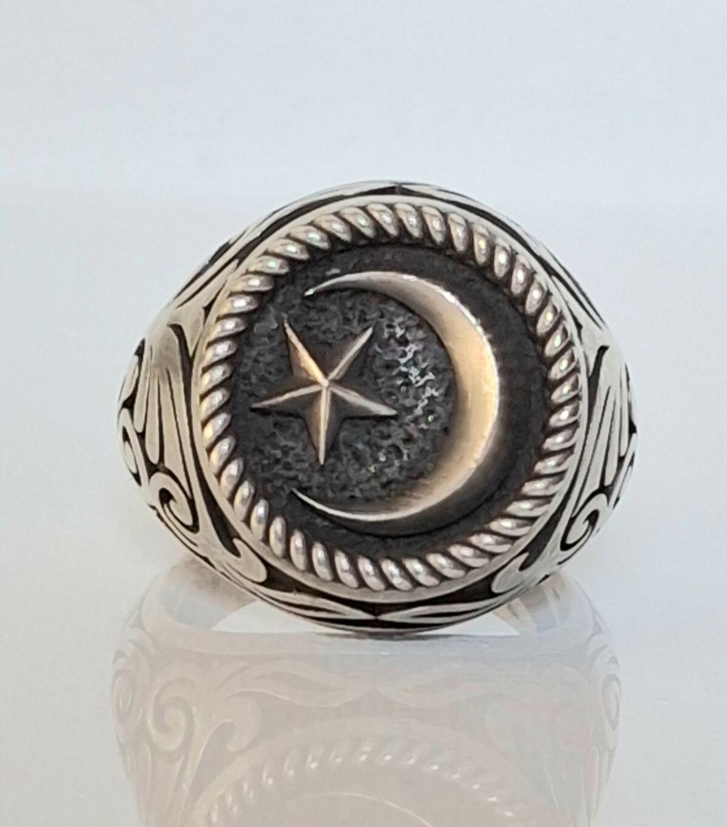 Men'S Islamic 925 Sterling Silver Crescent And Star Ring Size 12.5