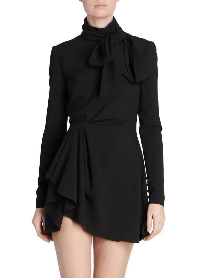 SAINT LAURENT (YSL) Saint Laurent Mini Abito Asimmetrico Crepe Nero M Drappeggiato Cravatta Scollo Vestito $3.195