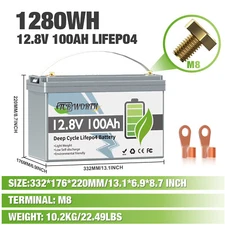 Lithium Battery 12V 100Ah LiFePO4 1280WH Group 31 Backup Power f/ Solar Off-grid