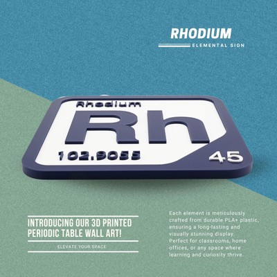 3D Printed Rhodium Periodic Table Tile, Durable PLA+ with Adhesive Strip.