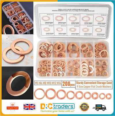 Auto Motor Quetschscheiben sortiert massiv Kupfer 200 STCK. Set Box Dichtung Flachring UK
