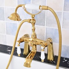 Gold Color Brass Deck Mount Bathtub Clawfoot Faucet Mixer Tap Handheld Shower