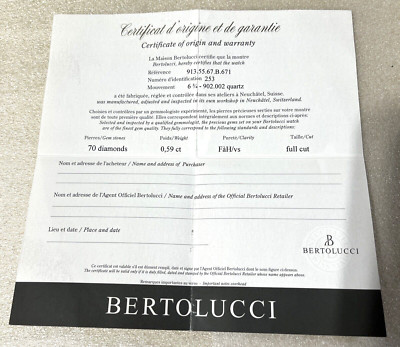 Bertolucci Watch Certificate and CERTS/ Paper Document Quartz with Diamonds