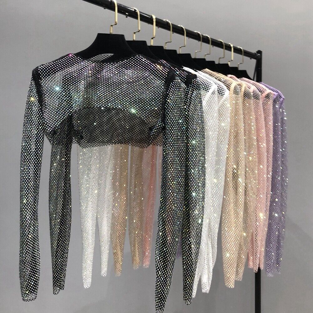 Lady Glitter Rhinestone Mesh Fishnet Long Sleeve Crop Top Shirt
