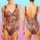 KINIKI TAN THROUGH SWIMSUIT SWIMMING COSTUME PAVO PRINTED PLUNGE SIZE 8 10 SMALL
