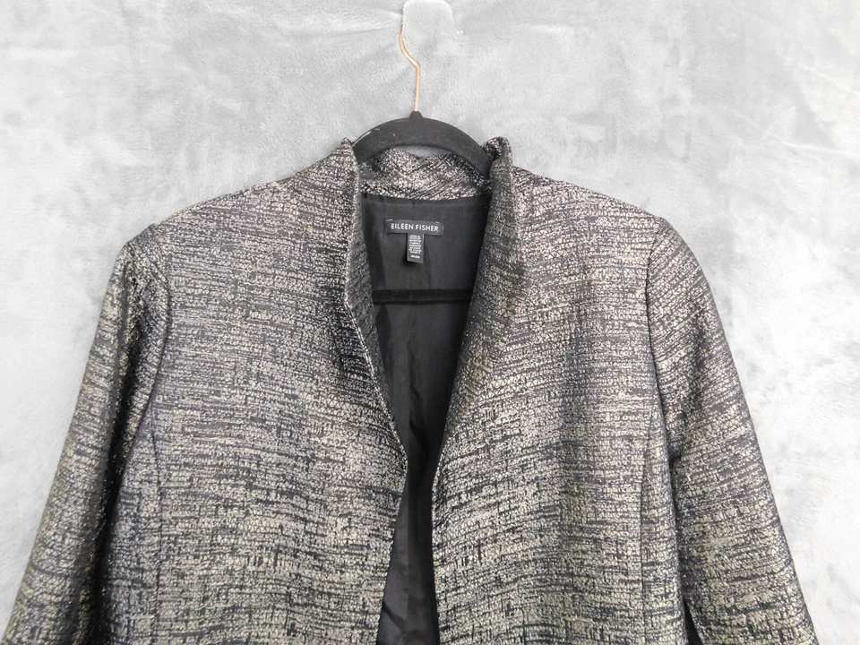 Eileen Fisher Coat Womens Medium Black Gold Silk Metallic Jacquard Illusion - Image 2 of 4