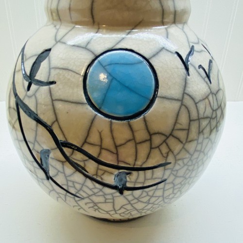 VASO Raku vintage Studio POTTERY crema crepitante inciso Blue Moon Birds firmato - Foto 8 di 9