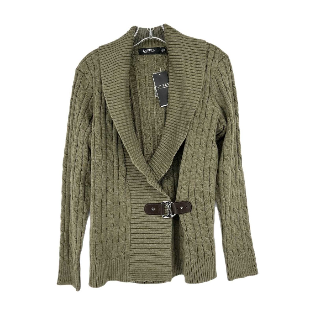 Lauren Ralph Lauren Green Cable Knit Buckle Accent Cardigan Size