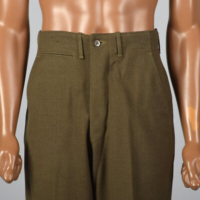 S 29x28 1940s Mens Pants Military Olive Green Button Fly Wool Flat