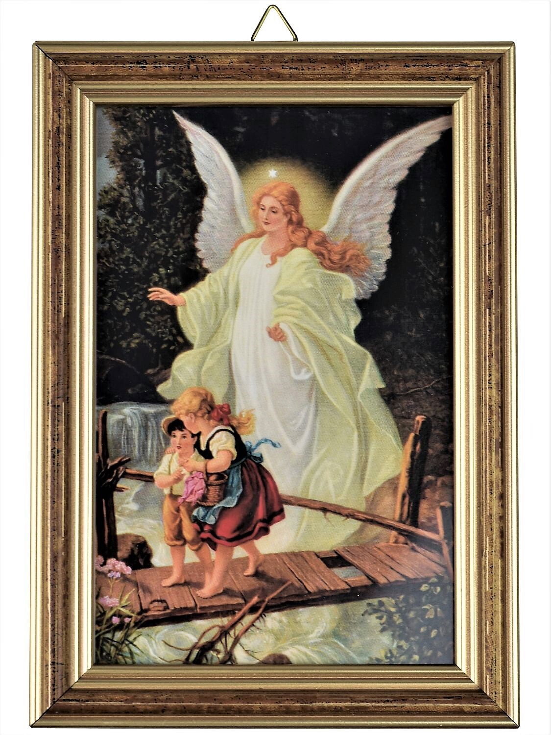 Schutzengelbild Geschwister auf der Brücke 17 cm Wandbild mit Holzrahmen