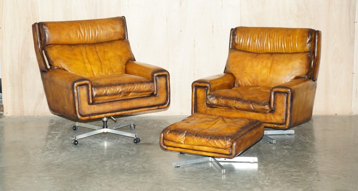 RESTORED 1970'S WHISKY BROWN LEATHER SWIVEL LOUNGE ARMCHAIR