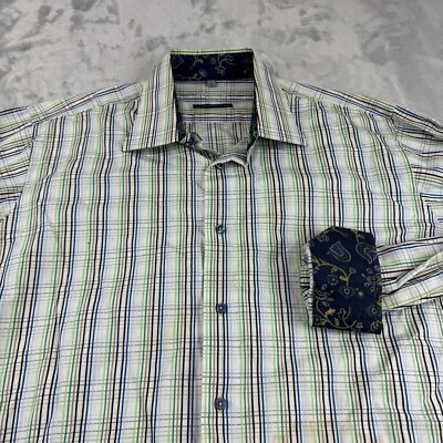Visconti Shirt Mens Extra Large Purple Plaid Button Up Flip Cuff Club Dance*