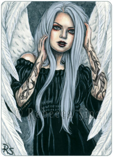ACEO LE PRINTS Angels Tattoos Colors Gothic Grayscale Black Gray White Wings - Picture 6 of 7
