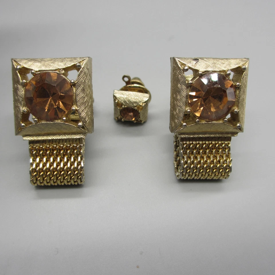 Gemelos Swank Tie Tack Facetado Ámbar Estrás Tono Dorado Malla Envoltura Alrededor Foto 3 de 4