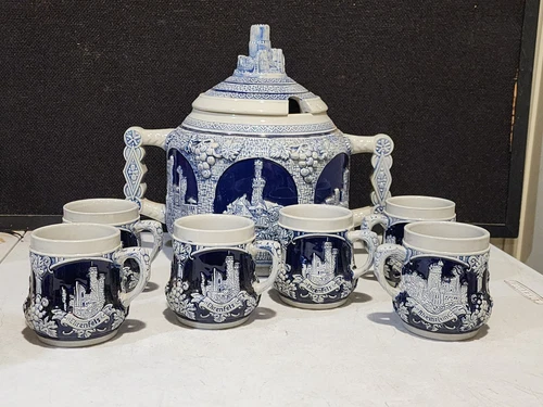GERMAN WICK-WERKE RHINE CASTLES 4 LITER TUREEN/PUNCH BOWL AND 6 CUP SET