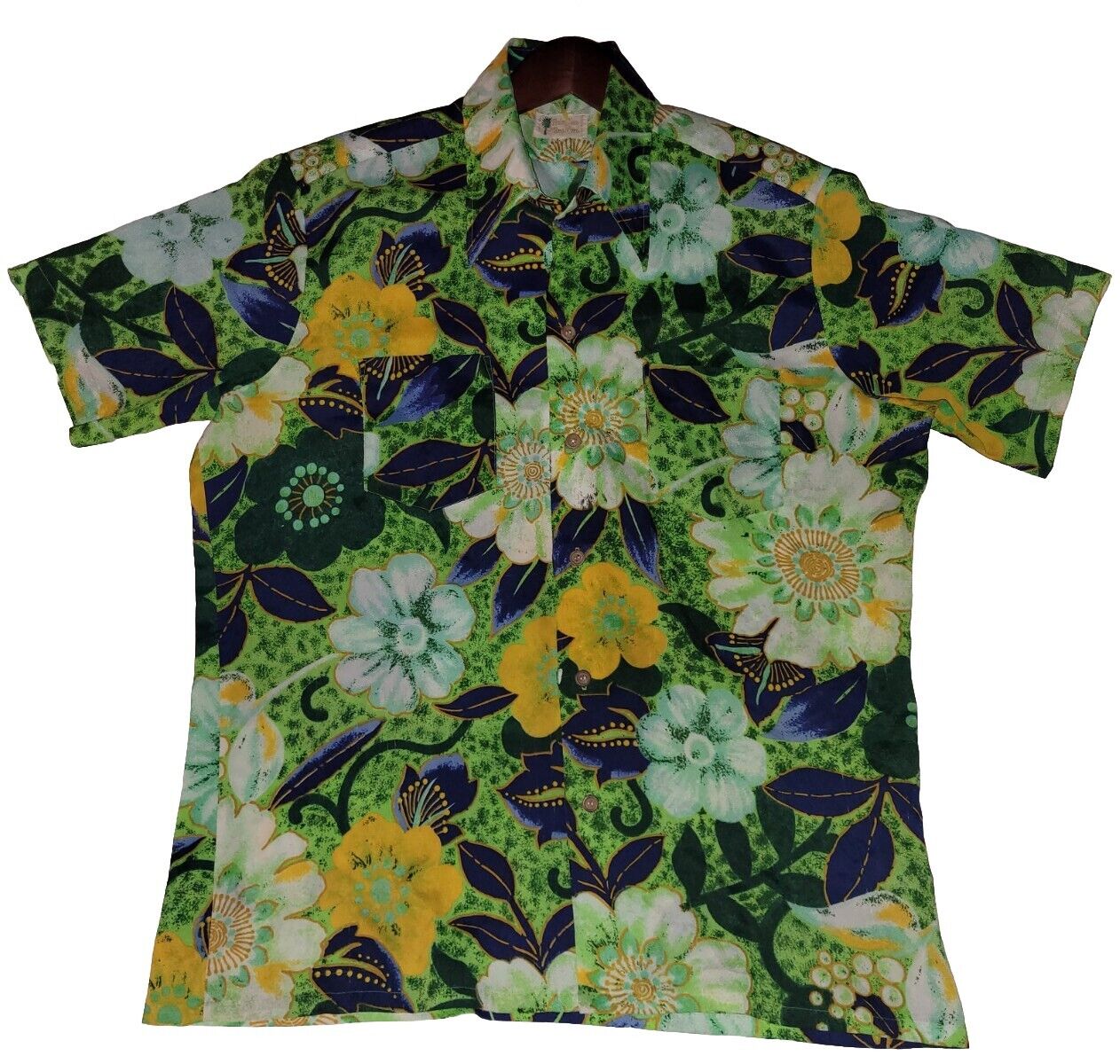 Vintage 70s Hawaiian Shirt Mens Large Green Psych… - image 1