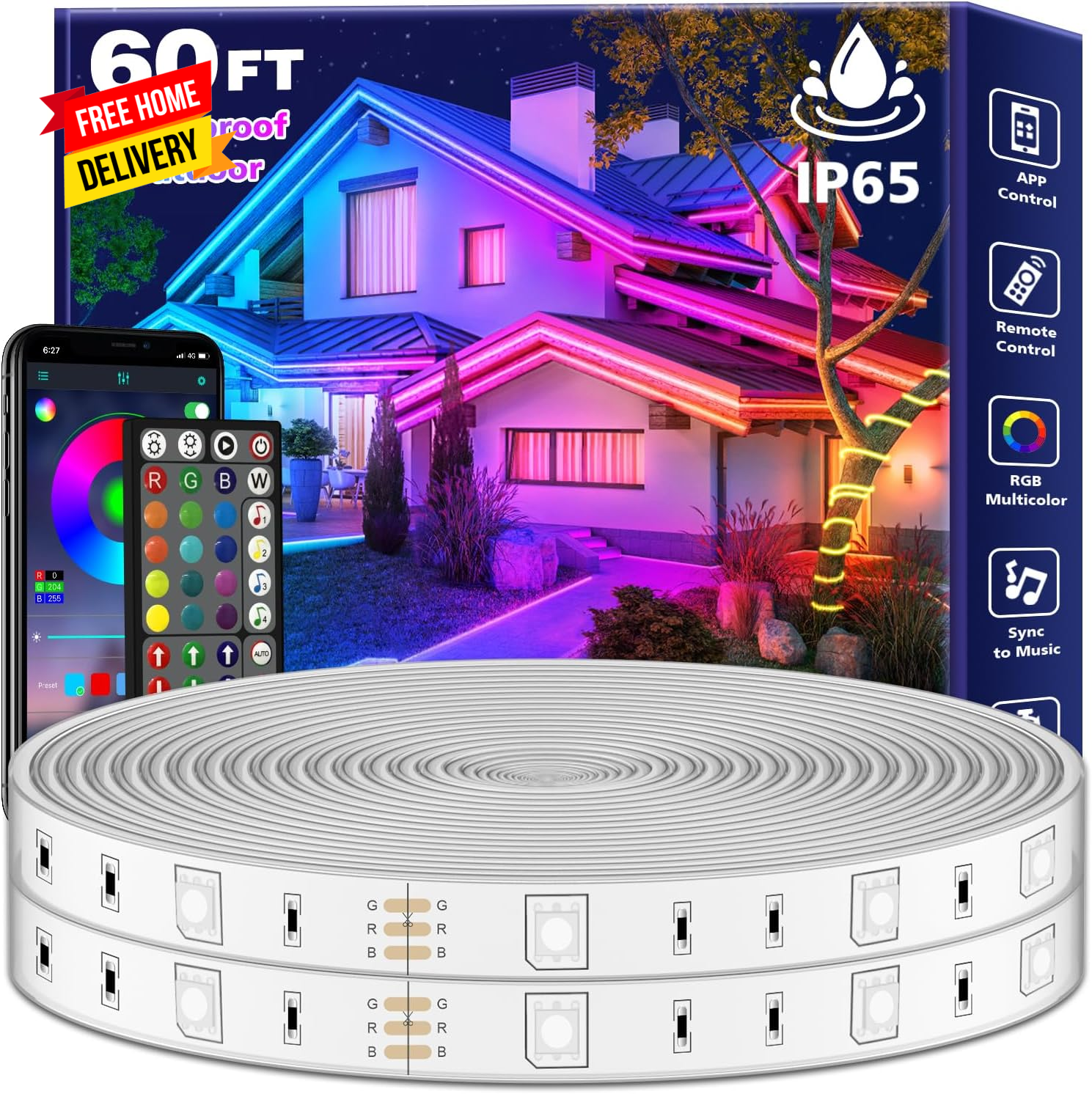 60Ft Outdoor Waterproof LED Strip Lights,Music Sync RGB IP65 Led Lights with App