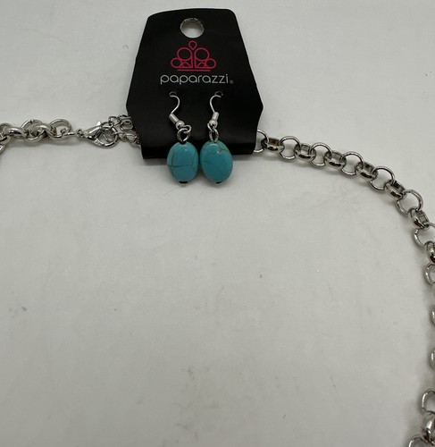 Paparazzi Necklace & Earrings Set Silver Tone W/ Turquoise Color Oval Stones NWT - Picture 4 of 7