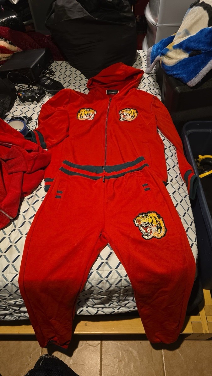 Gucci Men's Red Tracksuit Set Jacket & Pants with Tiger Logo Zip