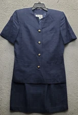 Le Suit New York 2 Piece Skirt Suit Womens 10 Navy Textured Check Button Front