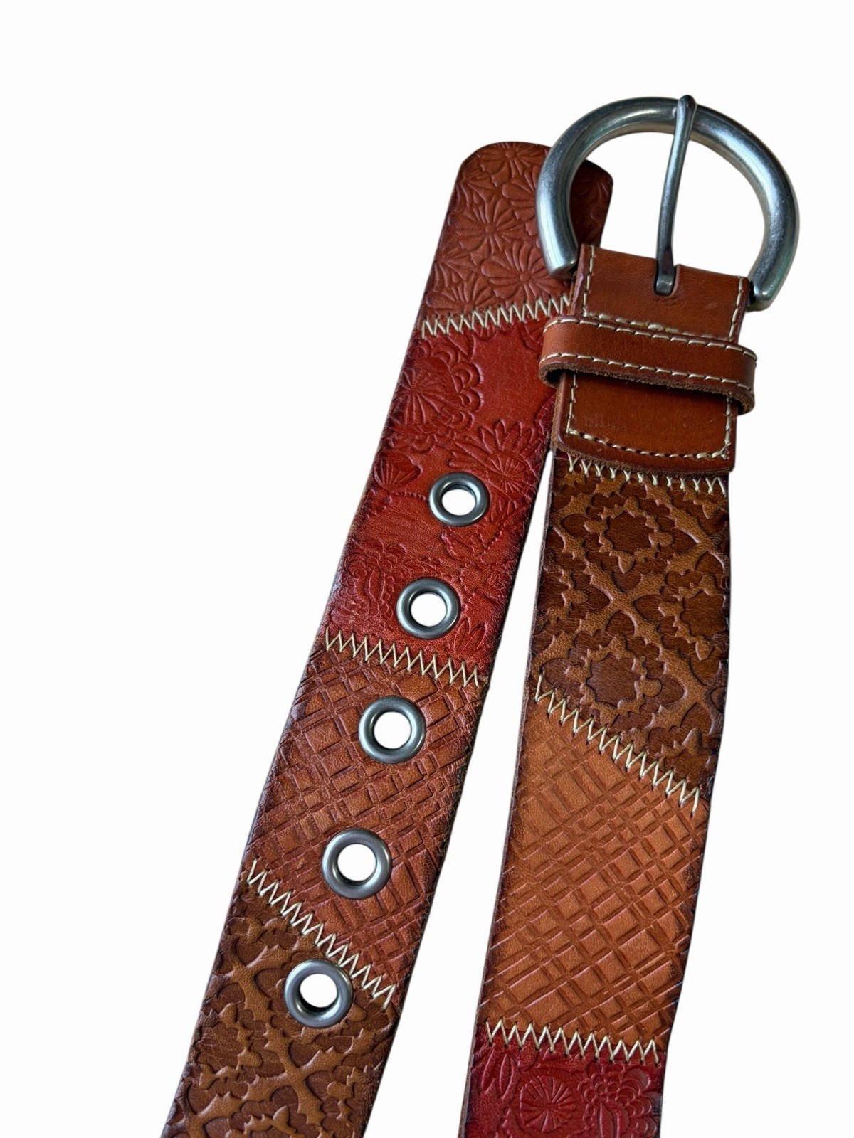 Fossil Brown Red Textured Patchwork Leather Belt … - image 6