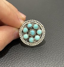 Native American Style Turquoise Ring Round Cluster Beaded Rope Border Sterling