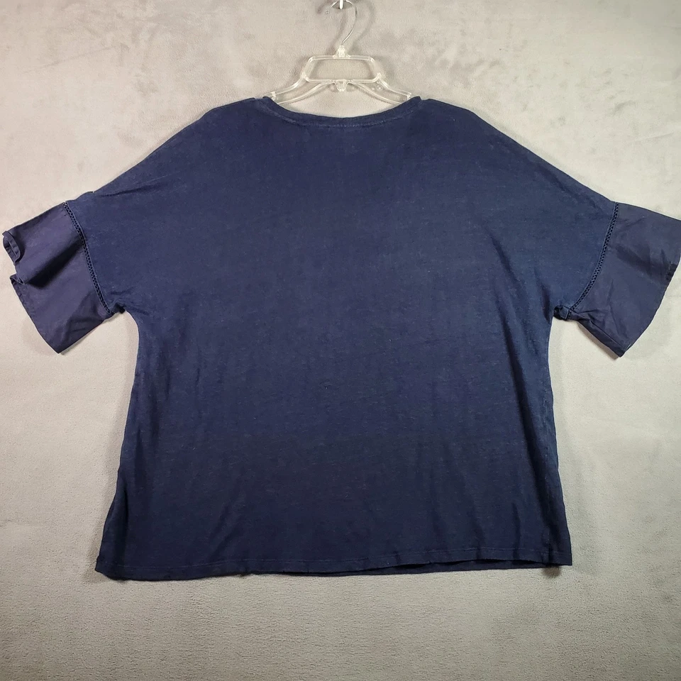 Chicos Top 女式 4 / XXL 海军蓝亚麻叶刺绣飘动袖波西米亚 — 第 3/4 张图片