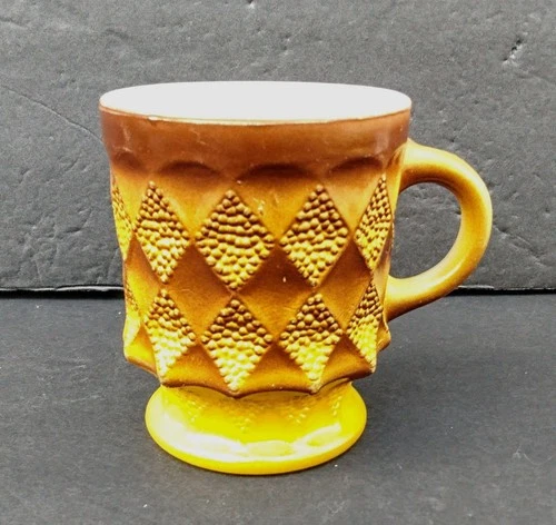 Vintage Anchor Hocking Fire King Kimberly Diamond Coffee Cup Mug Yellow Brown