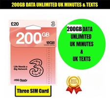 200GB Data + UNLIMITED UK Mins & Texts 5G Three Network SIM Card - NO CONTRACT