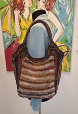 Top Anokhi Tasche Leder Braun Kilim Boho Lederschnüre/ Wollefäden Hippiebag