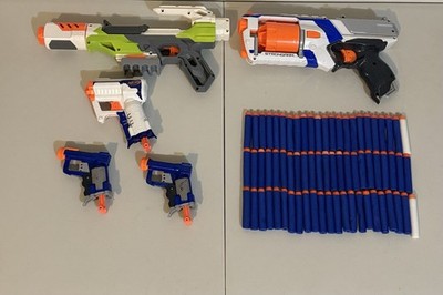 NERF GUN LOT OF 5 with 69 NERF DARTS