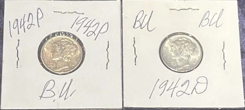 Lot of (2) BU 1942 & 1942 D Mercury Dimes 90% Silver FSB Coins - One Lot
