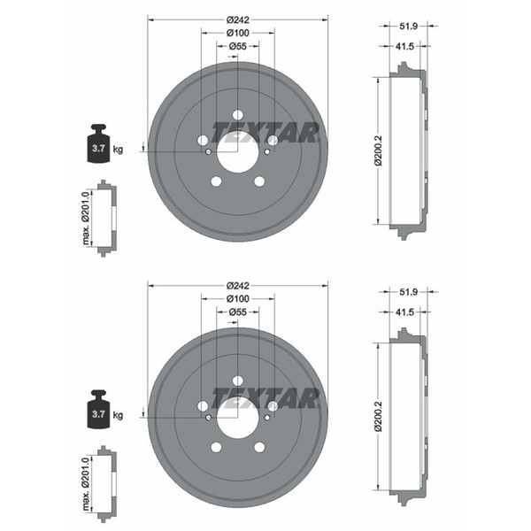 2X Textar Bremstrommeln 200,2Mm Hinten Passend FÜR Toyota Allion Celica Prius-image