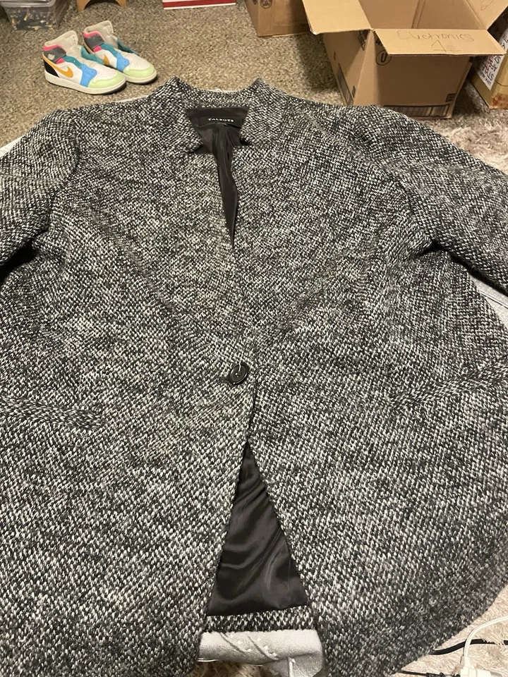 Blazer Cárdigan Tejido 100% Lana Merino Talbots Talla 14 Negro Gris Botón Delantero Nuevo Foto 2 de 4