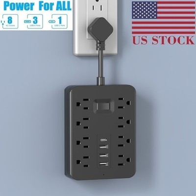 Wall Mount Surge Protector Power Strip with 8 AC Outlet 3 USB Type C Short Cord