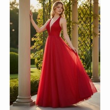 Jovani Red Pink Halter Prom Dress Glitter Tulle Open Back Formal Evening Gown 6