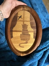 Vintage Inlaid Wood Marquetry MCM Cat Wall Hanging 1990