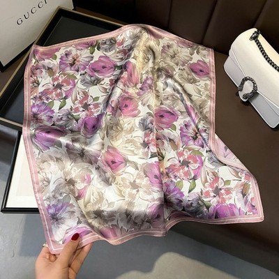 100% Silk Scarf Women Vintage Pink Flowers Kerchief Square Bandana Wrap 53*53cm