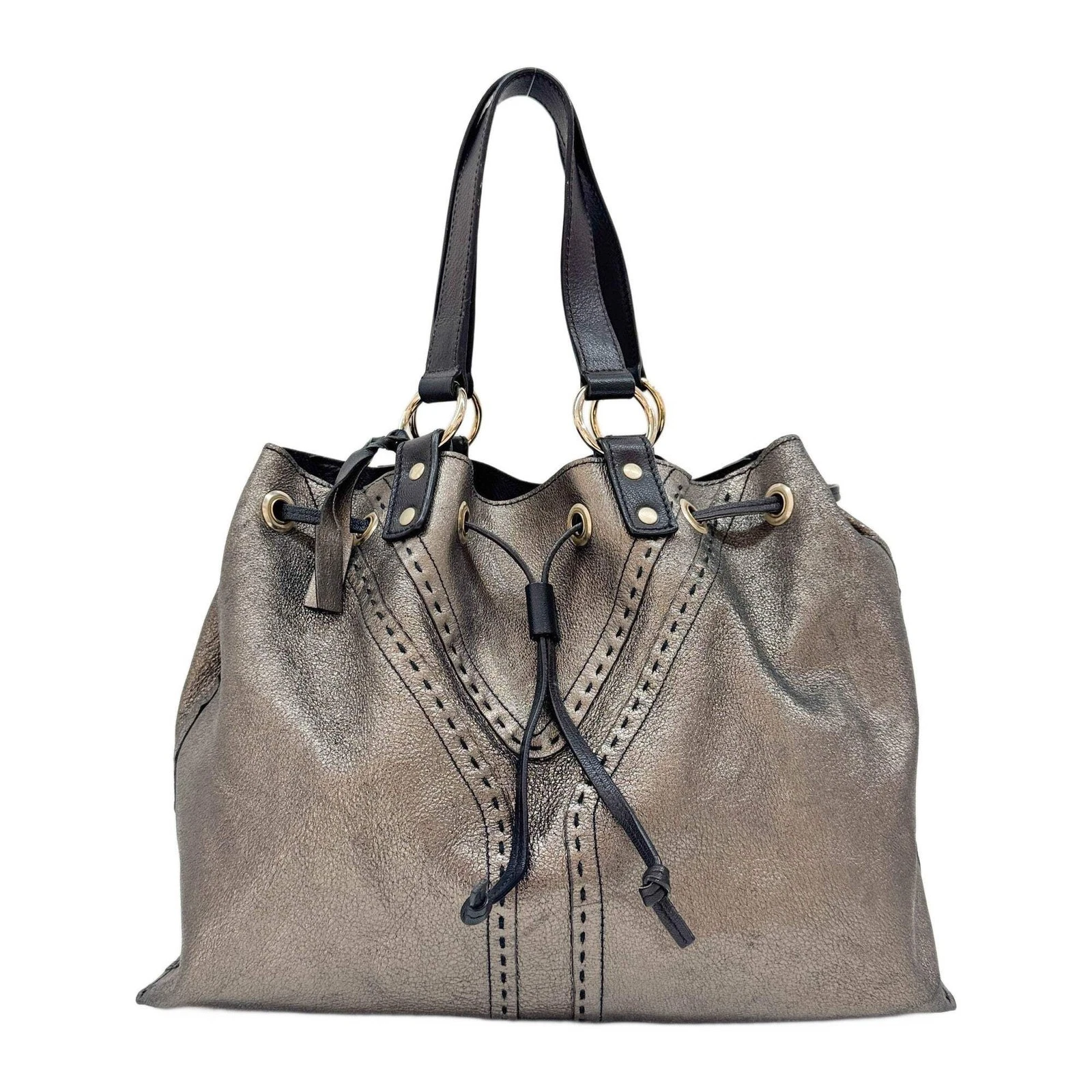 Saint Laurent — SAINT LAURENT Reversible Drawstring Gold & Black Leather Tote Bag
