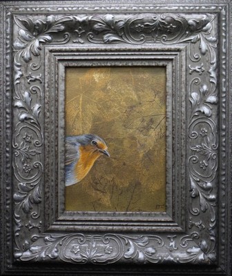 Tweeting Heads - Rotkehlchen - Original gerahmtes Ölgemälde, Wildlife Art