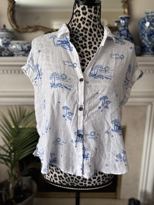 Sonoma Shirt M Floral Button Up Short Sleeve Boxy Top Collared Linen BLEnd