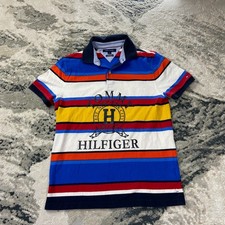 Y2K Tommy Hilfiger Polo Shirt Sz M Multicolor Striped Logo Custom Fit Tennis