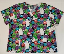 Halloween Scrub Top Unisex XL Short Slv V-Neck Cute Monsters NWT Butter Soft