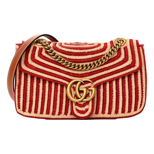 Gucci Marmont Raffia Woven Small GG Shoulder Bag Natural Hibiscus Red NEW