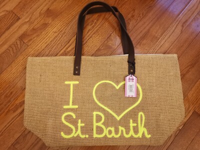 MC2 Saint Barth Helene Jute Tote leather dual handles zip top ''I Love St. Barth''