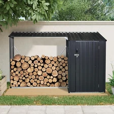 Outdoor Steel Firewood Rack and Metal Storage Shed Two-In-One Wood Shed Black