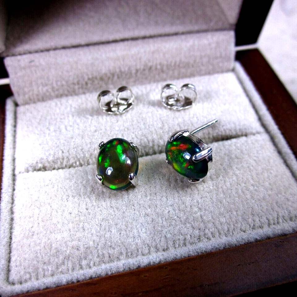 Aretes naturales de plata de ley 925 con piedras preciosas de cabujón de ópalo negro para mujer Foto 4 de 4