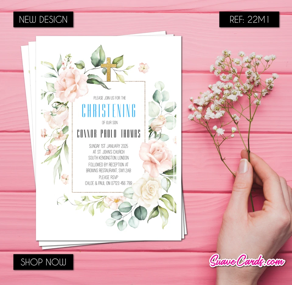 Christening Baptism Invitations, Floral Holy Communion Confirmation Boy & Girl - Image 2 of 4